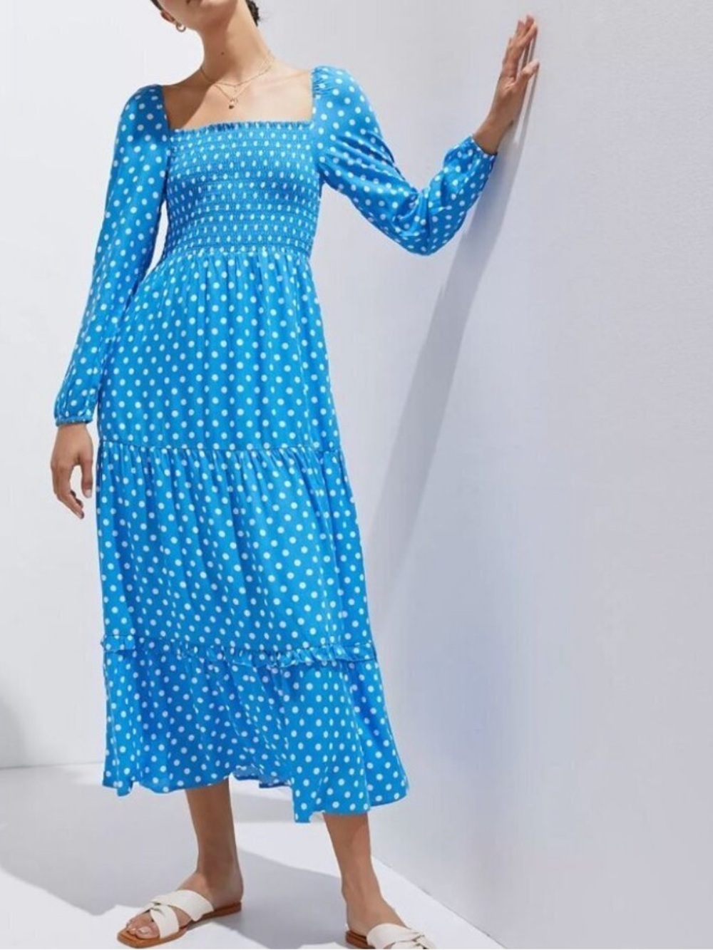 Dolan Smocked Polka Dot Midi Dress Blue